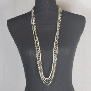 Chico's Silver Gold White Faux Pearl Crystal Ball Chain Box Link 36" Necklace